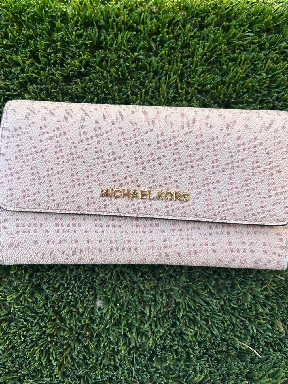 Michael Kors Light Pink MK Logo Continental Wallet with Gold Hardware